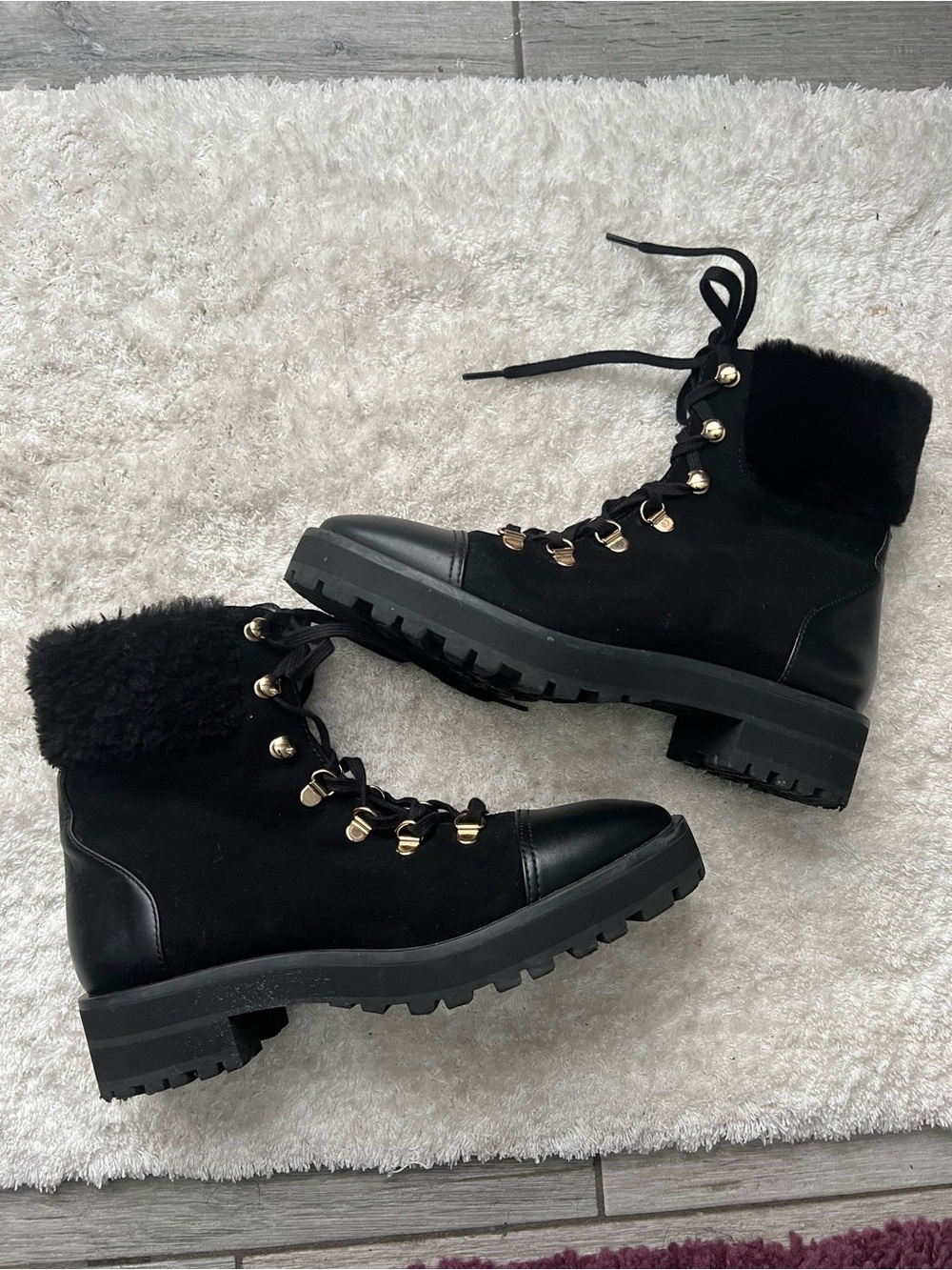 Stuart Weitzman Black Lace-Up Shearling Hiking Boots